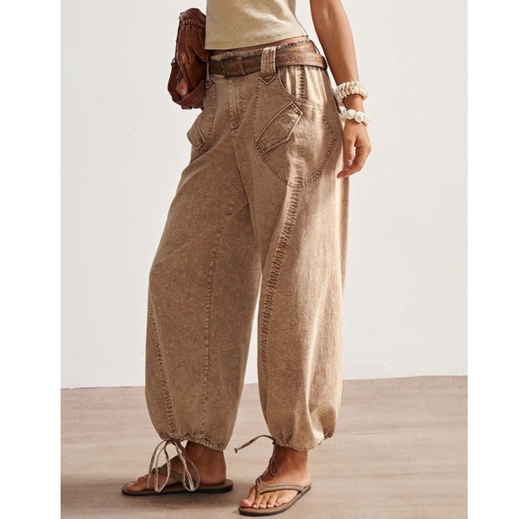 Mineral Wash Pockets Tie Cuff Denim Cotton Pants - Picture 4 of 7